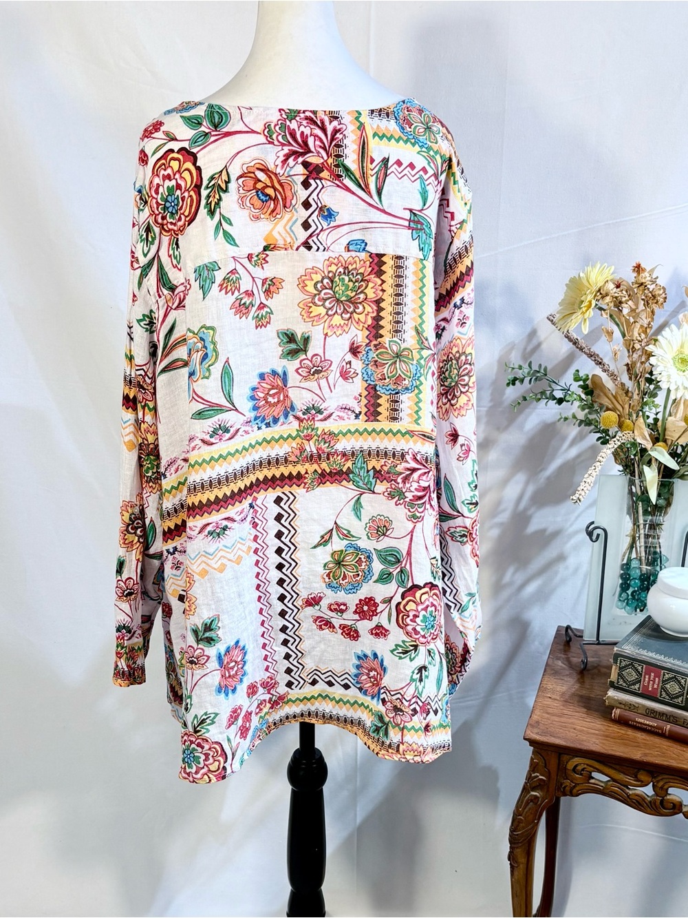 H Halston 100% Linen Floral Boho Button Front Roll Tab Sleeve Tunic Top 3X💚 - Picture 4 of 10